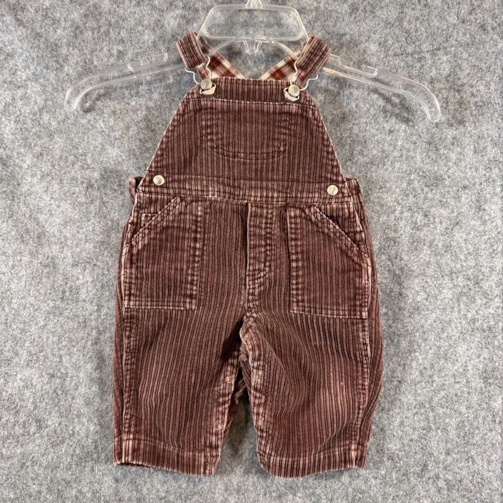 Vtg Gymboree Corduroy Overalls Boys 3-6 Months Plaid Lined Brown Western